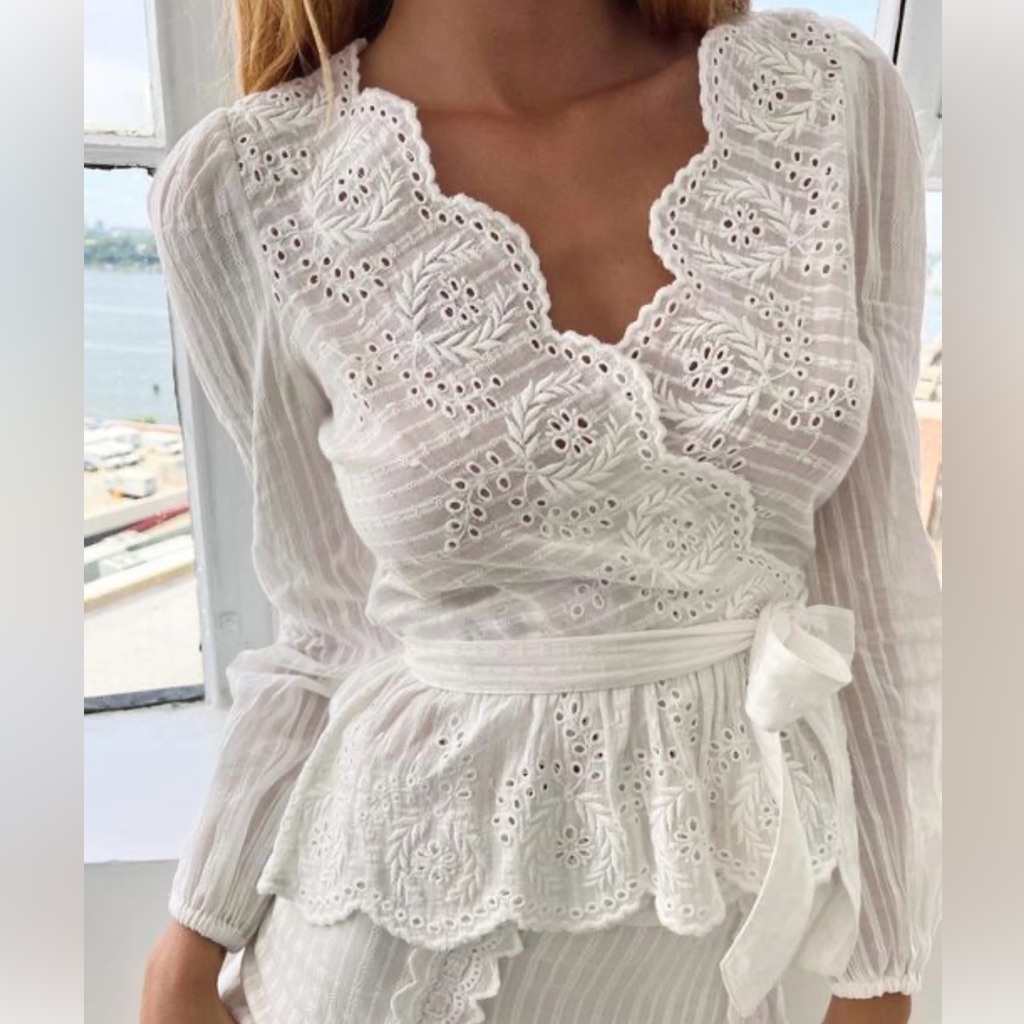 Loveshackfancy Polla White Eyelet Lace Peplum Wrap Blouse Nwot